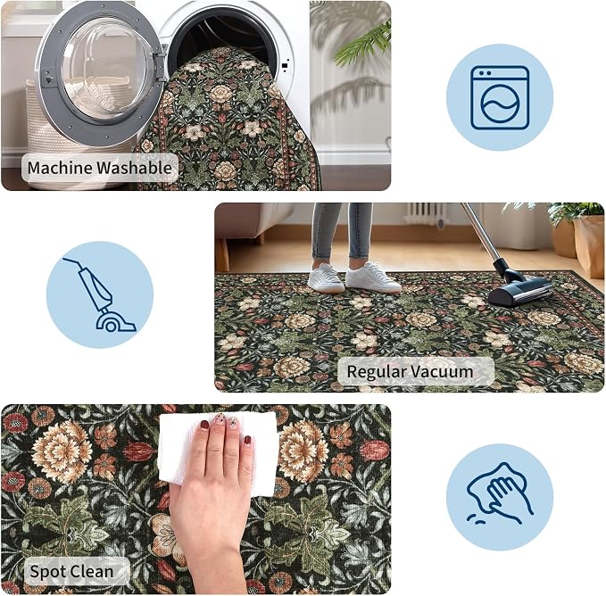 GarveeHome Green Washable Area Rug 5x7, Retro Floral Low Pile Non Slip Living Room Rug Soft Cottage Core Rug Farmhouse Indoor Carpet for Bedroom Dining Room Playroom