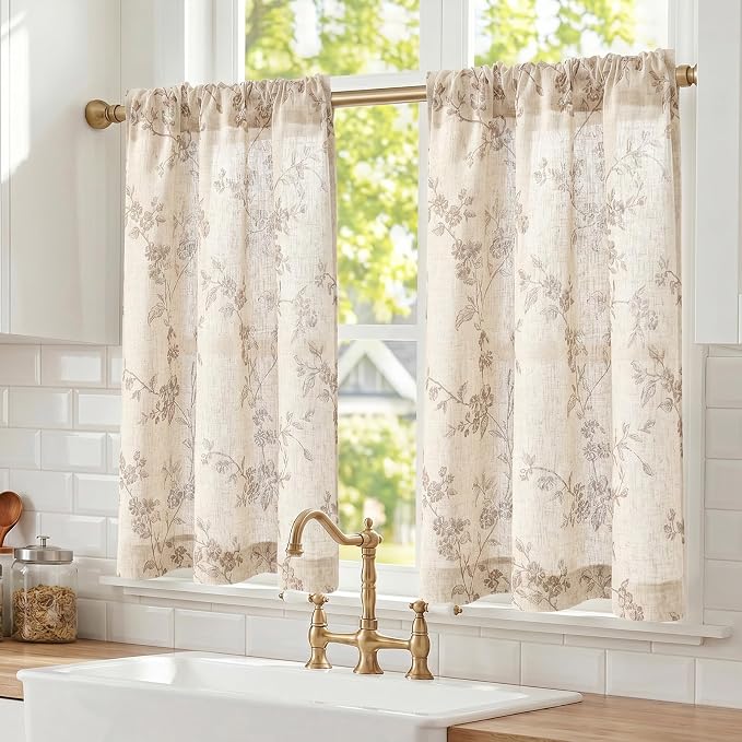 Lazzzy Elisa Floral Kitchen Curtains 36 Inch Linen Cafe Curtains Farmhouse Half Window Drapes Over Sink Light Filtering for Small Windows Rod Pocket Back Tab 2 Panels Taupe on Beige