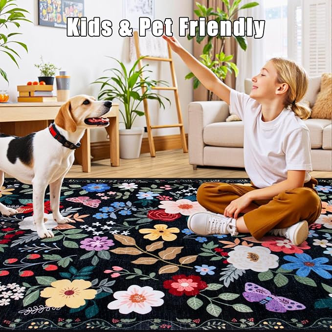 Runner Rug for Entryway: 2.6x14 Kitchen Rugs Non Slip Washable Ultra-Thin Soft Floral Carpet Indoor Floor Stain Resistant Carpets for Hallway Bedroom Kitchen Laundry Bathroom Dorm Black