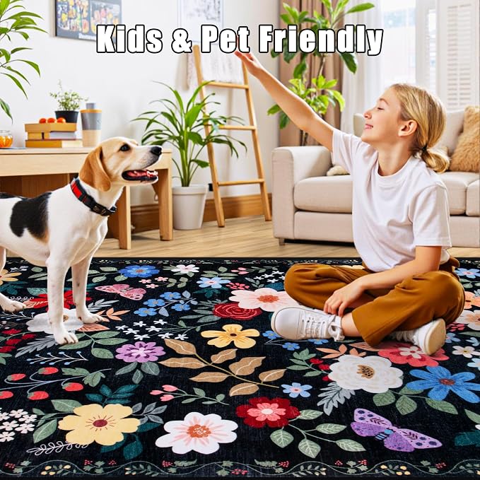 Runner Rug for Entryway: 2.6x10 Kitchen Rugs Non Slip Washable Ultra-Thin Soft Floral Carpet Indoor Floor Stain Resistant Carpets for Hallway Bedroom Kitchen Laundry Bathroom Dorm Black
