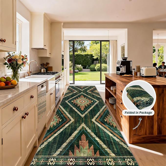 Boho 4x10Ft Area Rugs Runners for Hallway Non Slip, Green Geometric Washable Kitchen Rug Runner Non Shedding, Soft Moroccan Entryway Floor Carpets for Entrance Doorway Office Decor
