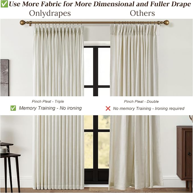 Beige Pleated Linen Curtains 102 Inch Length 2 Panels Set Semi Sheer Light Filtering Light Tan Window Drapes for Living Room Modern Viral Pinch Pleated Curtains 102 Inches with Hooks Rings Clips