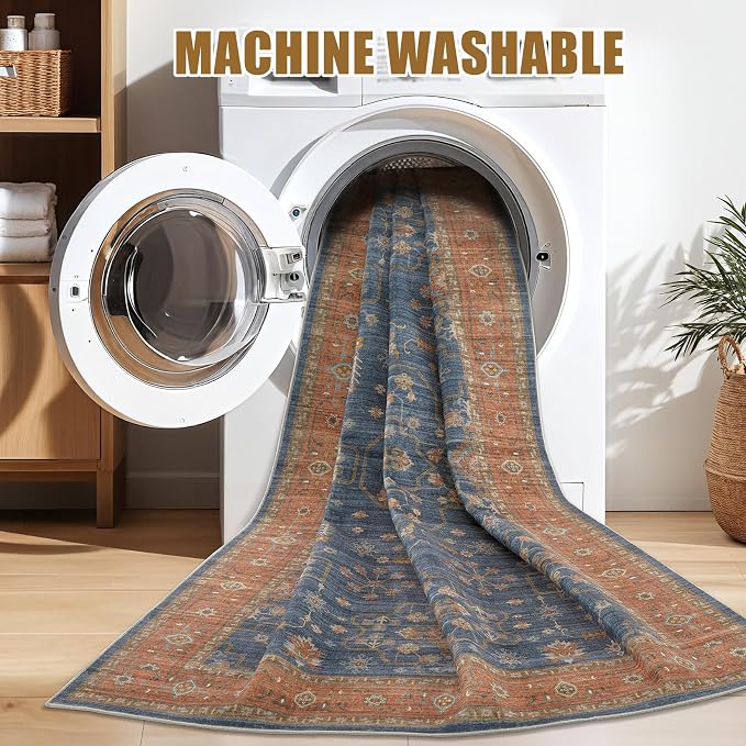 10x12 Area Rug for Living Room- Machine Washable Soft Oriental Vintage Large Indoor Floor Carpet for Bedroom Under Dining Table Home Office Decor - Blue Terracotta