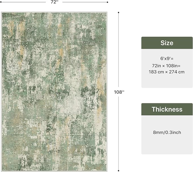 GENIMO 6x9 Area Rugs for Living Room, Machine Washable Rug Non Slip, Low Pile Ultra-Thin Lightweight Large Carpet, Abstract Modern Rugs for Bedroom, Dining Room, Office, Nursery, Olive Green