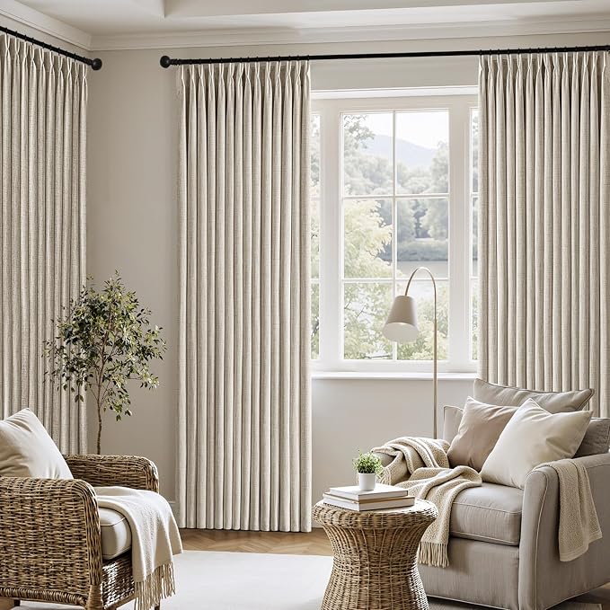 MIULEE Pinch Pleated Thick Linen Curtains 102 Inch 4 Panels Set Back Tab Memory Trained Pinch Pleat Semi Sheer Light Filtering Privacy Let Light in Window Drape for Living Room Bedroom Burlywood Birch
