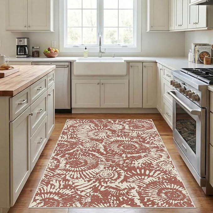 BLISSA Washable 3x5 Entryway Rug - Ultra Thin Terracotta Modern Non-Slip Small Door Mat Indoor Entrance Soft Geometric Boho Neutral Abstract Area Rugs for Bedroom Bathroom Dorm Kitchen Mudroom Foyer