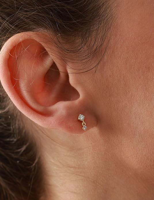 ASHINE 14K Gold Plated Dangle Flat Back Earrings | Sterling Silver Posts Dainty Double Stone Multi-Shape Earring | Tragus Cartilage Piercing Jewelry for Women