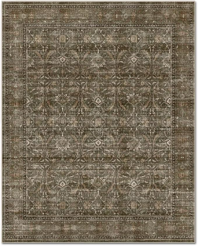 Washable 4x6 Rugs, Boho Vintage Non-Slip Distress Rugs, Sage Green | 0.3" Neutral Throw Rugs for Bedroom Kitchen Nursery Living Room, Cushioned Area Rug for High-traffic