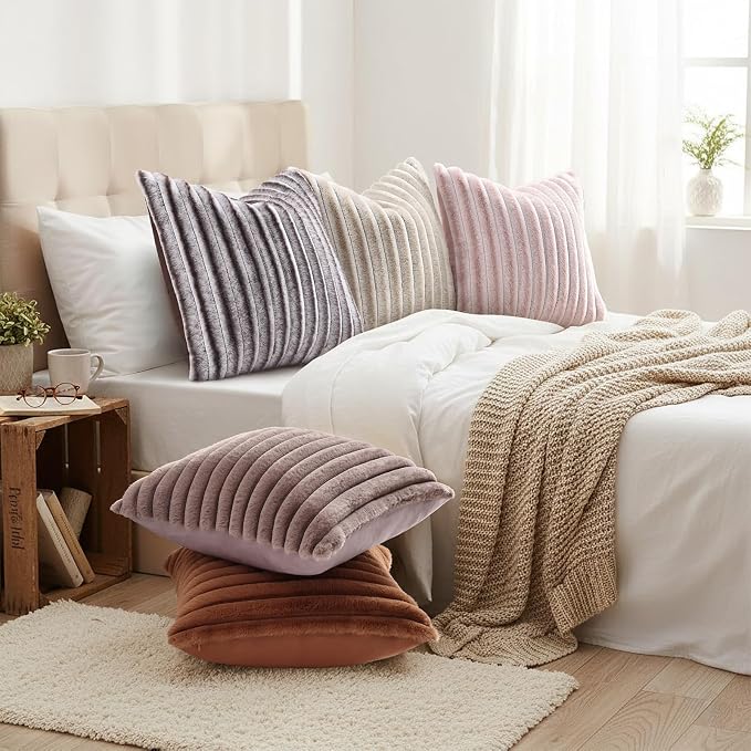 decorUhome Fall Faux Fur Throw Pillow Covers 24x24 Set of 2 Beige White | Decorative Soft Cozy Striped Plush Modern Farmhouse Boho Couch Pillow Cases Velvet Back for Sofa Bed Living Room Home Decor