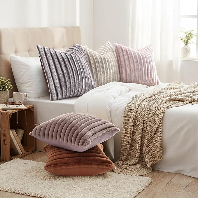 decorUhome Fall Faux Fur Throw Pillow Covers 12x20 Set of 2 Brown | Decorative Soft Cozy Striped Plush Modern Farmhouse Boho Couch Pillow Cases Velvet Back for Sofa Bed Living Room Home Decor