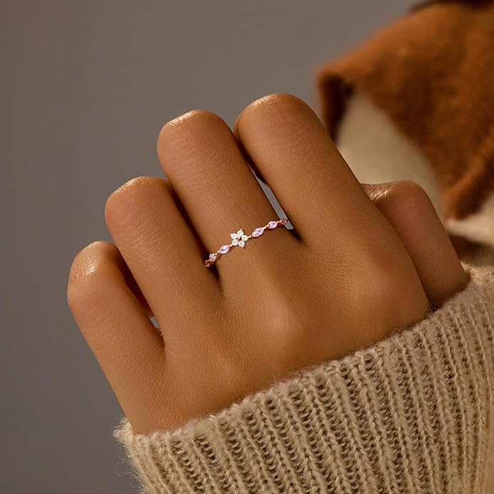SUYACS 925 Sterling Silver Flower Rings with 6 Marquise Cut Pink Birthstone for Women Gold Plated Cute Opal Floral Small Stackable Ring Mother Daughter Statement Ring Jewelry Birthday Gifts