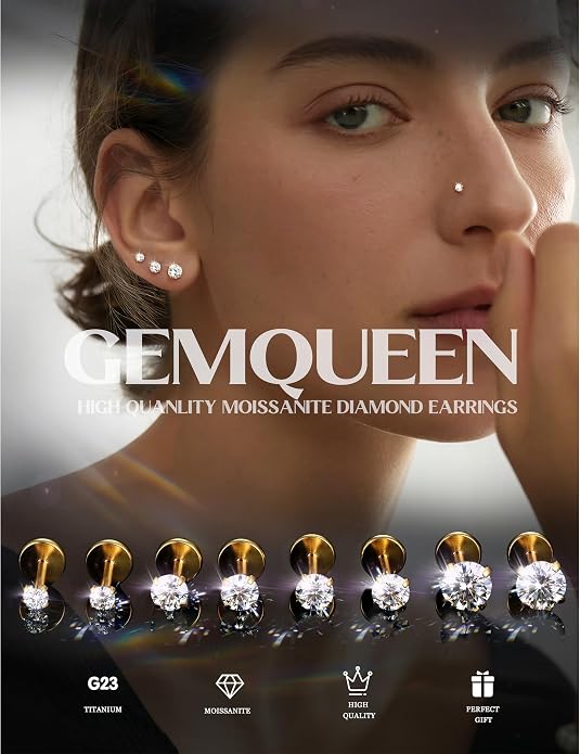 GEMQUEEN 8 PCS Moissanite ＆ Implant Grade G23 Titanium Nose Studs Flat Back Earrings Hypoallergenic : 14K Gold Plated Nose Rings 20G Push in Threadless Cartilage Helix Piercing Jewelry for Women Men