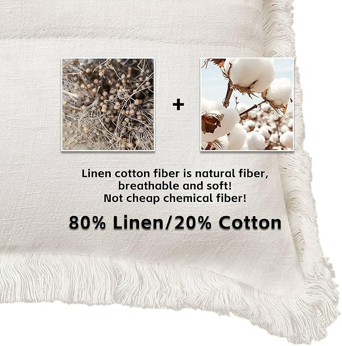 AmHoo Pack of 2 Linen Pillow Covers with Tassels Fringed Decorative Rustic Natural Throw Pillowcase Cushion for Couch Sofa Bedroom 22 x 22-Inch Off White
