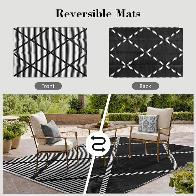 Lahome 9x12 Outdoor Rug Waterproof, Plastic Straw Reversible Outdoor Patio Rug, Modern Portable Outside Camping Mats for Balcony Tent Deck Backyard, Black 9'x12'