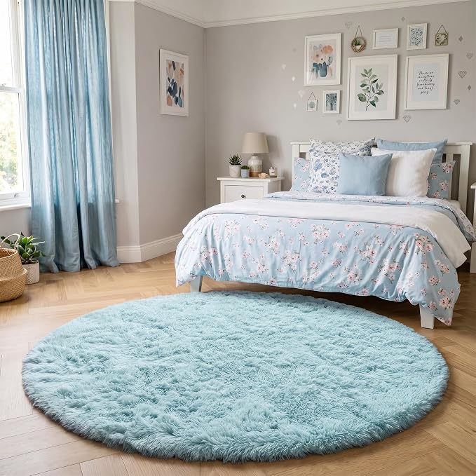 Amdrebio Light Blue Round Circle Area Rug 6Ft for Kids Bedroom, Large Soft Fluffy Kawaii Cute Rugs for Teen Girls Boys, Plush Shaggy Fuzzy Sky Baby Blue Carpet for Nursery Classroom Dorm Playroom