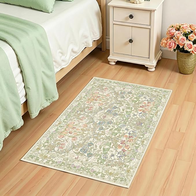 Sage Green Soft Bedside Non Slip Washable Rugs, 2x3 Farmhouse Small Rug for Kitchen, Indoor Entrance, Laundry, Bathroom - Boho Throw Front Door Mat, Soft Cottagecore Art Deco Carpet with Low Pile