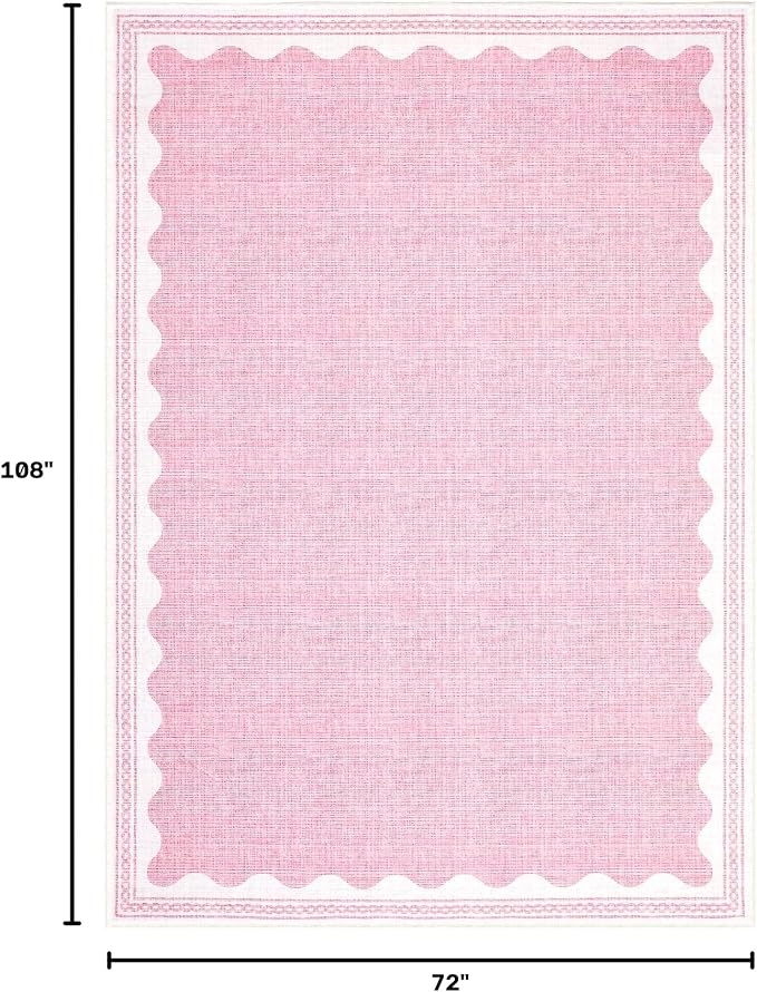 6x9 Scalloped Area Rugs Pink Washable Living Room Bedroom Rug | Solid Tan Rug for Bedroom Girls, Non Slip Throw Carpet With Rubber Back, Soft Dorm Nursery Scalloped Rugs for Dining Room