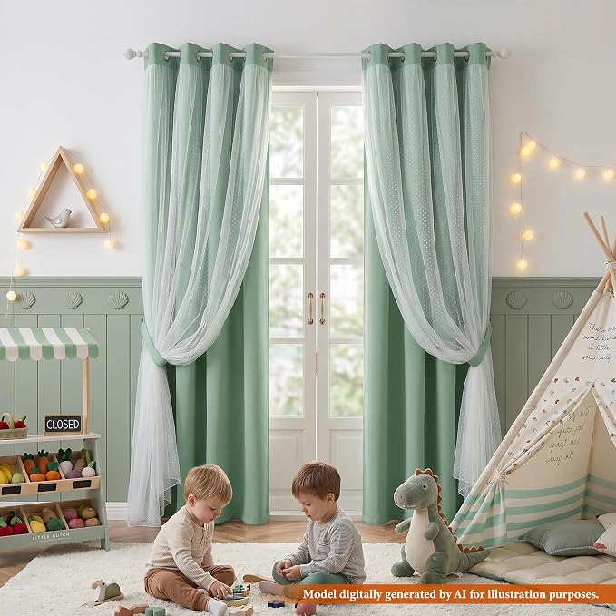 MYSKY HOME Curtains for Girls Bedroom & Nursery Kids Green Cute Curtains Double Layer with Polka Dots Sheer, Grommet Tops, 52x84 Inch Each Panel, 2 Panels