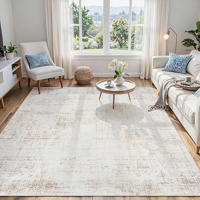 4x6 Area Rugs for Living Room Washable Rug: Anti-Skid Abstract Modern Living Room Rug Soft Thin Carpets Indoor Floor Non-Shedding Carpet for Bedroom Dining Farmhouse Nursery Beige White
