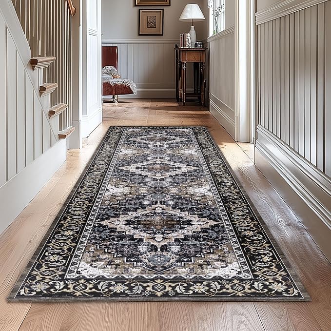 Lessymo 2 x 6 Runner Rug,Machine Washable Area Rugs Boho Faux Wool Low Pile Area Rug for Bedroom, Floral Medallion Vintage Rugs with Non-Slip Rubber,Black Brown