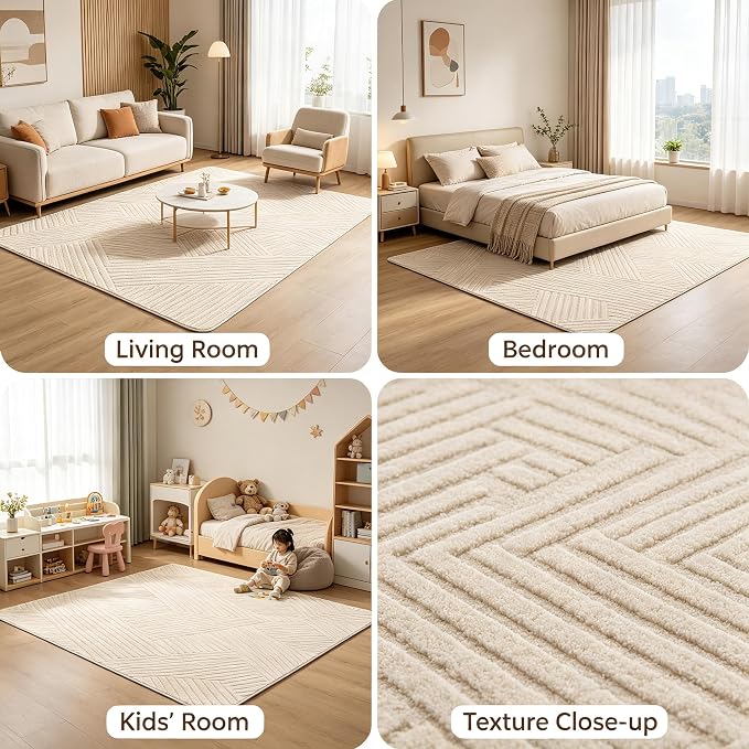 Cream Beige 5x7 Geometric Area Rug - Modern Geometric High-Low Pile Rugs for Living Room Bedroom, Washable Non-Slip, Textured Indoor Rugs for Nursery, Kids Room, Home Office