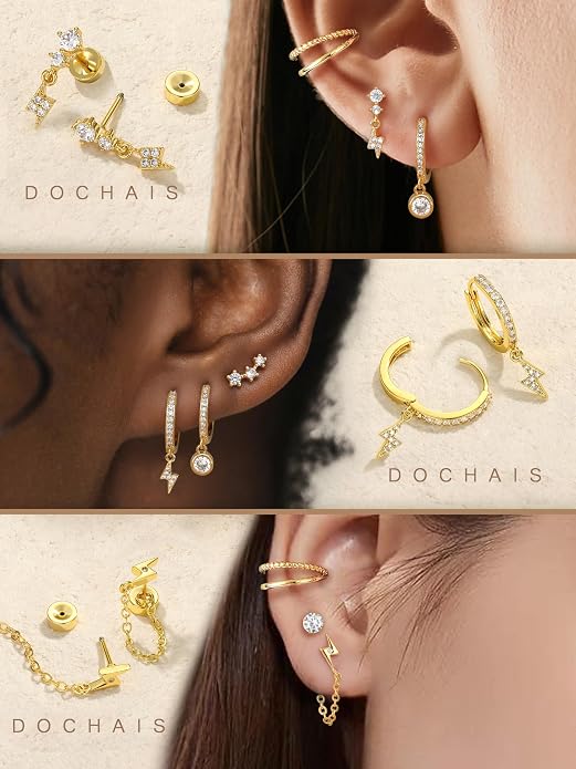 Dochais Flat Back Cartilage Earrings for Women Trendy Dainty CZ Flatback Studs Earing Sets 14k Gold Plated Hypoallergenic Huggie Hoops Earring Stacks for Multiple Piercing