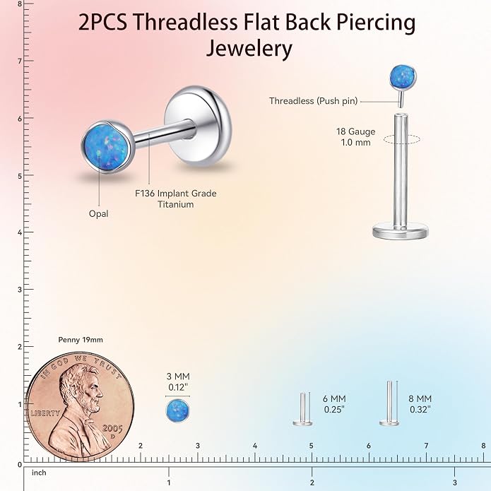 limerencia 18G Hypoallergenic Titanium Opal Threadless Nose Stud Earrings, 2PC Flat Back Push in Stud Earrings Labret Medusa Monroe Helix Cartilage Tragus Conch Piercing Jewelry for Women Men