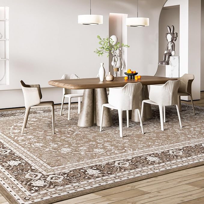 Lessymo 8 x 10 Area Rugs for Living Room, Machine Washable Area Rugs Boho Faux Wool Low Pile Area Rug for Bedroom, Floral Medallion Vintage Rugs with Non-Slip Rubber, Kid & Pet Friendly,Brown White