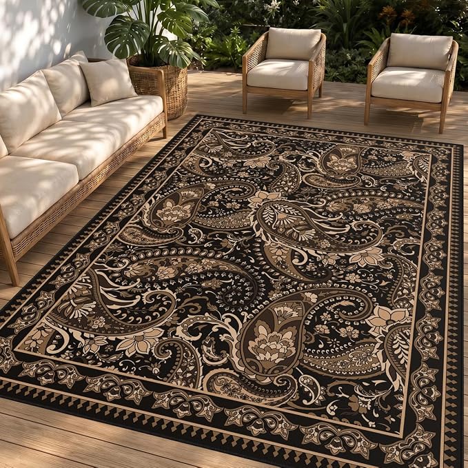 Arenarug Paisley Outdoor Rug Waterproof 9x12, UV Resistant Non Slip Patio Rug, Indoor Outdoor Boho Camping Rug Linen-Look RV Carpet for Deck Balcony Backyard, Taupe