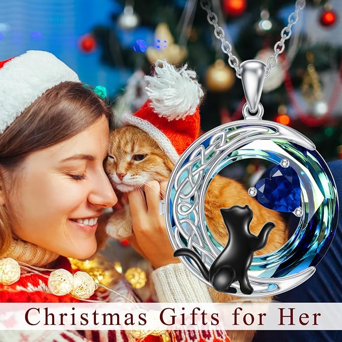 TOUPOP Cat Gifts for Cats Lovers 925 Sterling Silver Black Cat Necklace Celtic Moon Birthstone Jewelry for Women Anniversary Birthday Gift for Her Wife Mom