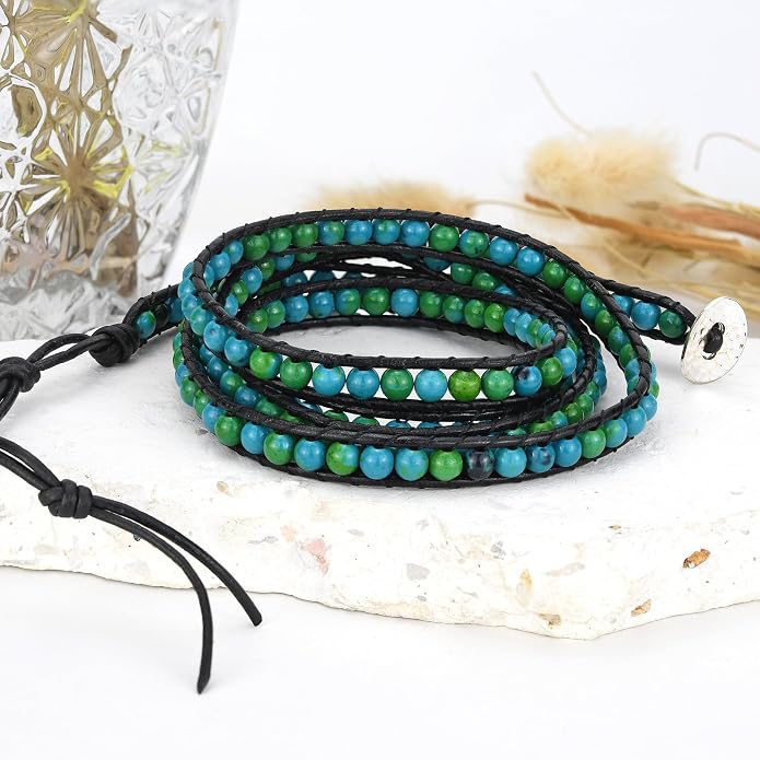 AeraVida Malachite Leather Wrap Bracelet Genuine Brown Leather Green Stone Beaded Multi Wrap Bracelet Handmade Boho Artisan Jewelry 34 Inch