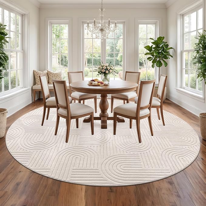 SHACOS Soft Cozy Fluffy Arch High Low Pile Round Rug 8ft Non Slip Washable Scandi Minimalist Circle Area Rug Modern Geometric Carpet for Living Room Bedroom Dining Room Kitchen, Beige