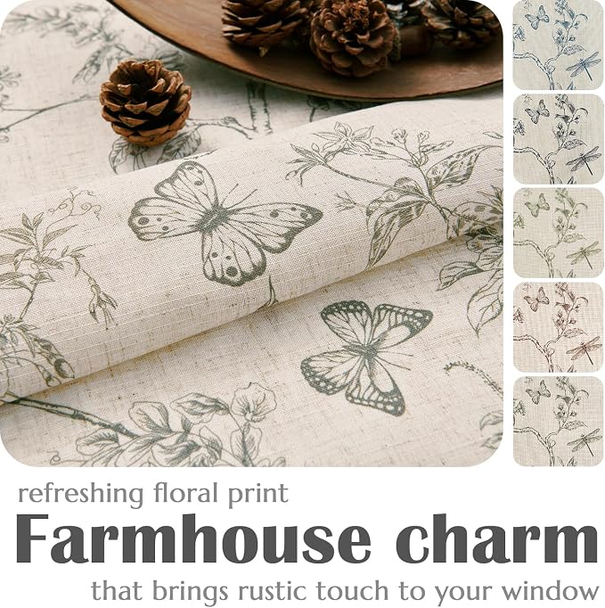 Lazzzy Charlotte Lined Linen Farmhouse Grey Floral Curtains 63 Inch Length Back Tab Drapes for Living Room Bedroom Light Filtering Country Vintage Rod Pocket, 2 Panels, Gray on Beige