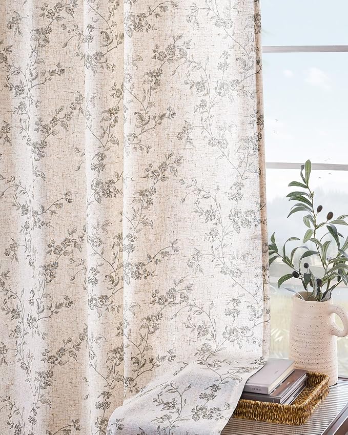 Lazzzy Grey Floral Linen Curtains 63 Inch Farmhouse Back Tab Drapes for Living Room Bedroom Light Filtering Vintage Grandmillennial Rod Pocket Curtains, 2 Panels, W38 x L63, Grey on Beige