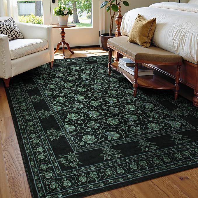 Lahome Floral Black Rugs for Living Room, Low Pile Soft Area Rugs 5x7 Rugs for Bedroom Non Slip, Stain Resistant Vintage Floral Rug for Dining Room Office (5'x7', Black/Green)
