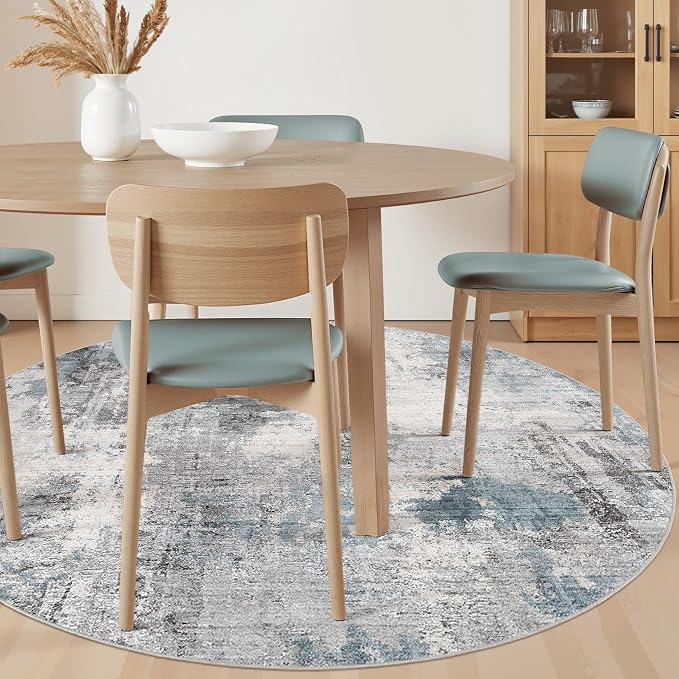 Abstract 6FT Round Rug: Machine Washable Non Slip Ultra Thin Low-Pile Carpet, Soft Stain Resistant for Living Room Bedroom Nursery, Kid Pet Friendly, Robot Vacuum Compatible - Grey Blue