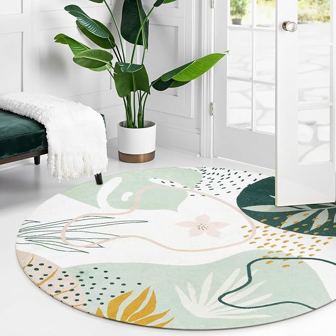 Lahome Boho Round Rugs - 4Ft Washable Non-Slip Small Round Area Rug Throw Soft Cute Round Nursery Rug Non-Shed Lightweight Bathroom Rug, Green Botanical Print Circle Rug for Bedroom Dorm Kids Room