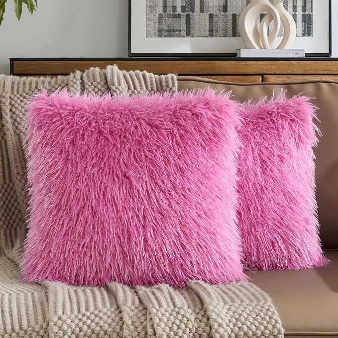 FUTEI Pack of 2 Shaggy Mongolian Faux Wool Throw Pillow Covers 18x18 Inch Soft Fluffy Farmhouse Decorative Cushion Case for Couch Bed Living Room, Hot Pink