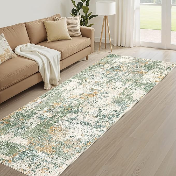 Runner Rug Kitchen Washable Rugs: 2x6 Non-Slip Abstract Soft Modern Stain Resistant Indoor Floor Neutral Accent Throw Carpet for Hallway Bathroom Laundry Room Entryway Bedroom- Green