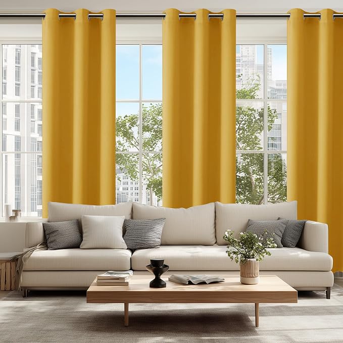 Hiasan Blackout Curtains for Bedroom, 38 x 84 Inches Long - Thermal Insulated & Light Blocking Window Curtains for Living Room, 2 Drape Panels Sewn with Tiebacks, Mustard Yellow