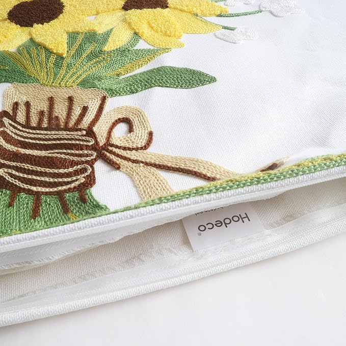 Embroidery Throw Pillow Covers Yellow Floral 18x18 Inch Decorative Cushion Case Tied Sunflowers 100% Cotton Home Decor Embroidered 45x45cm, 1 Piece