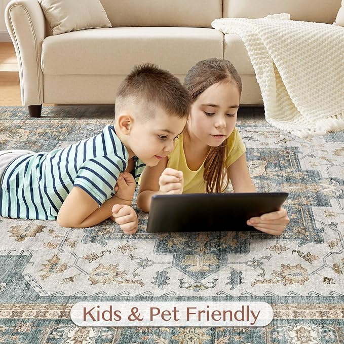 Tortania Area Rug Living Room Rugs - 6x9 Washable Boho Rug Vintage Oriental Distressed Farmhouse Large Thin Indoor Carpet for Living Room Bedroom Under Dining Table Home Office - Muted Teal