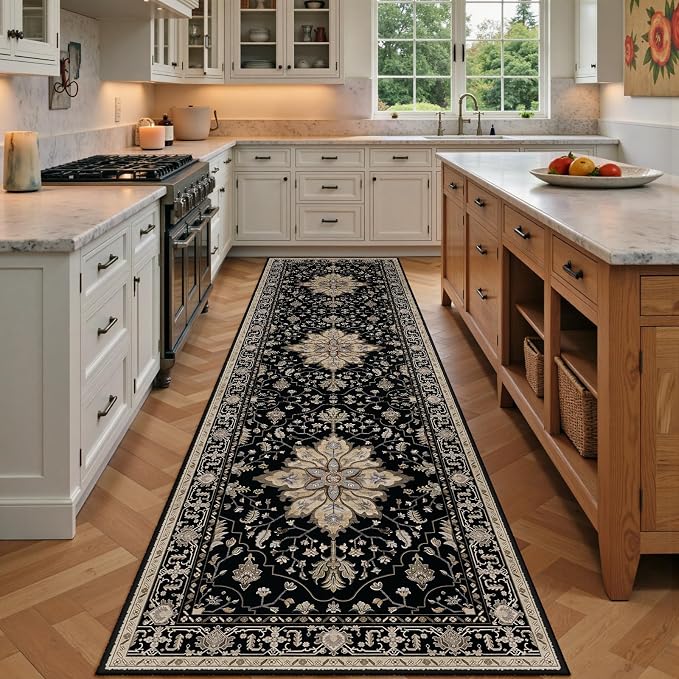 RELEANY Washable Area Rug, Runner 3'x9', Black/Neutral | Non-Slip, Water Repellent, Pet Friendly, Easy to Clean, Vintage Floral Boho Decor for Kitchen Hallway Bedroom Laundry