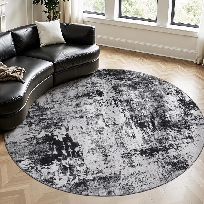 Rugflix Round Area Rugs 8Ft for Living Room, Washable Circle Rug Stain-Resistant Low Pile, Modern Dark Carpet for Bedroom Dining Room Home Office Kid Nursery Room, Black Grey