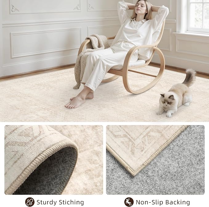 10x14 Area Rugs for Living Room: Vintage Boho Neutral Washable Rug Indoor Soft Large Area Rug Carpet for Bedroom Nursery Farmhouse Dining Room Office Floor Non-Slip Low Pile Under Table Rug Beige
