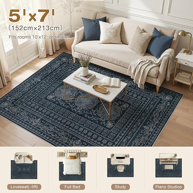 Nakagishi 5x7 Area Rugs Living Room: Washable Large Vintage Rug Neutral Non-Slip Soft Stain Resistant Indoor Carpet for Bedroom Nursery Dining Room Office Playroom - Navy