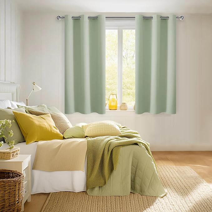 Hiasan Short Blackout Curtains for Bedroom - Thermal Insulated & Light Blocking Window Curtains for Living Room/Kids Room, 2 Drape Panels Sewn with Tiebacks, Seafoam Green, 42 x 45 Inch