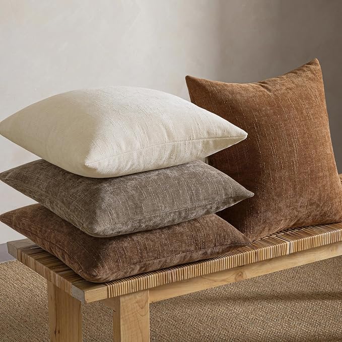 MIULEE Pack of 4 Fall Decorative Throw Pillow Covers 22x22 Inch Chenille Textured Throw Pillows Boho Farmhouse Cushion Covers Vintage Home Decor for Couch Sofa Bed Living Room，Beige Taupe Brown