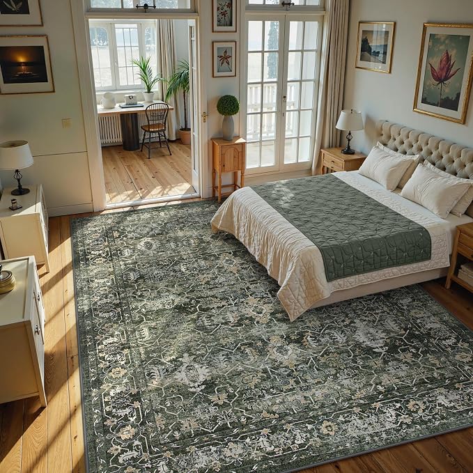 Lahome Margot Boho Green Area Rugs 9x12 Living Room,Washable Large Rugs for Bedroom Aesthetic,Vintage Distressed Non Slip Low Pile Dining Room Rug Carpet for Home Office Playroom(9'x12',Green)
