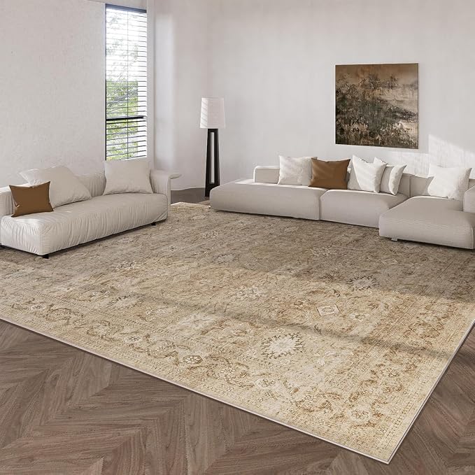 10x14 Area Rugs for Living Room: Large Washable Bedroom Rug Non Slip Low Pile Soft Faux Wool Non Shedding Distressed Lightweight Vintage Boho Carpet for Dining Room Kids Playroom Nursery Farmhouse